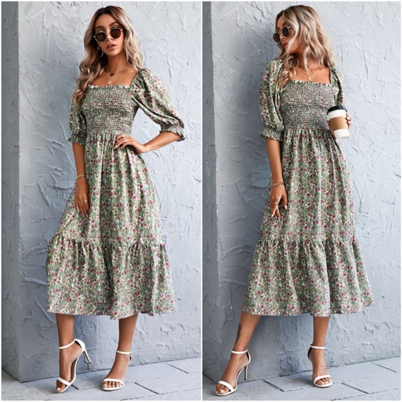 Dresses & Skirts - Boho floral print short sleeve maxi dress Ruffle